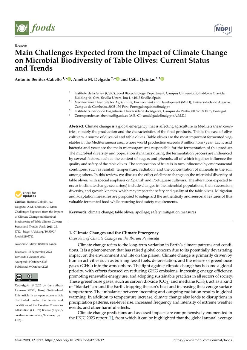 Artigo "Main Challenges Expected from the Impact of Climate Change on Microbial Biodiversity of Table Olives: Current Status and Trends"